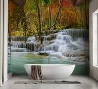 Natural Sparkling Waterfall Jungle wallpaper mural shown as a full feature wall that highlights the design