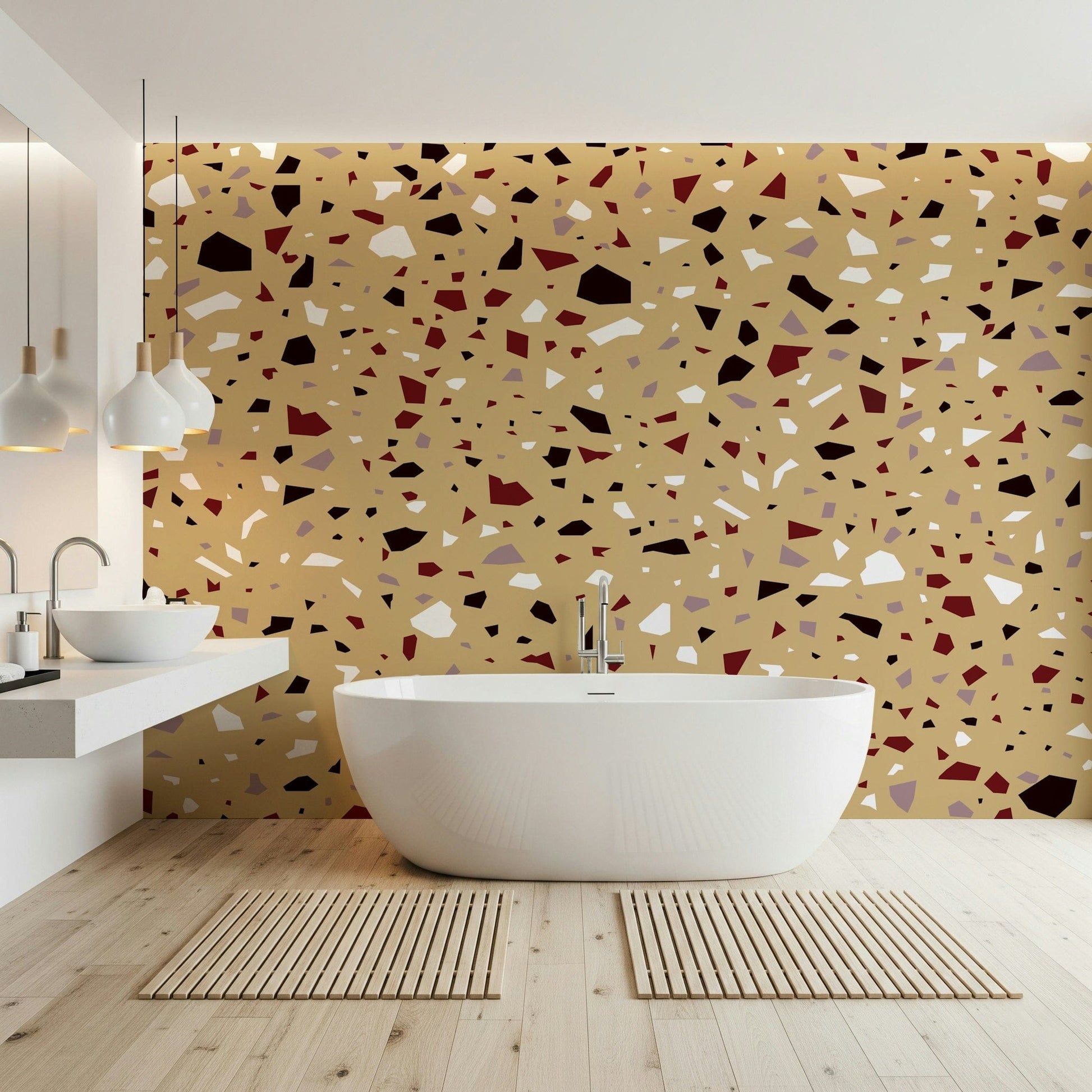 A peaceful speckled pattern mural on decorative wallpaper.