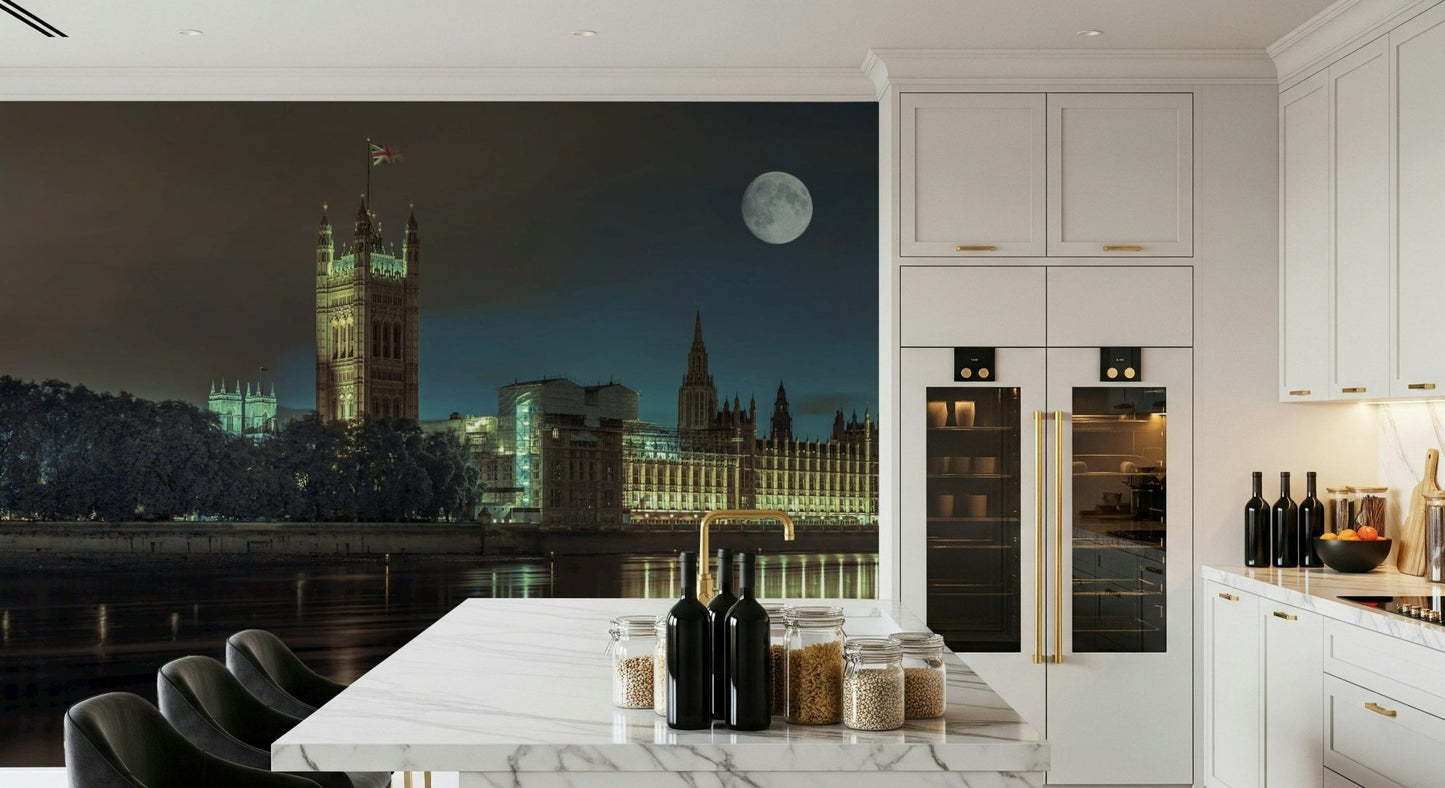 Eerie Westminster Abby wallpaper, captivating river scene.