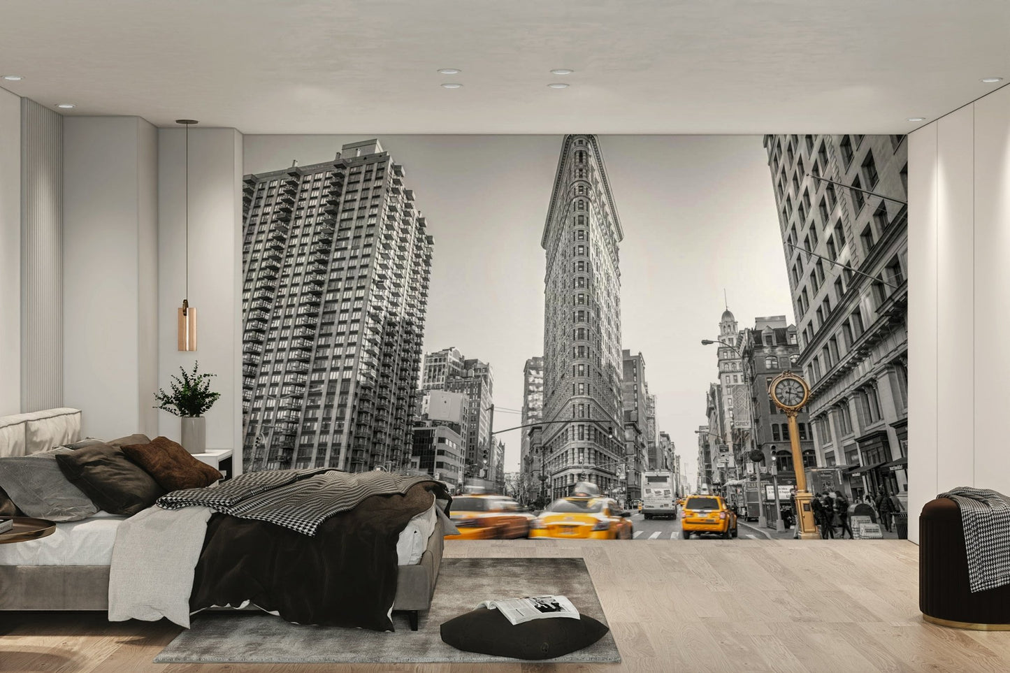 Grayscale street scene with a pop of yellow.

