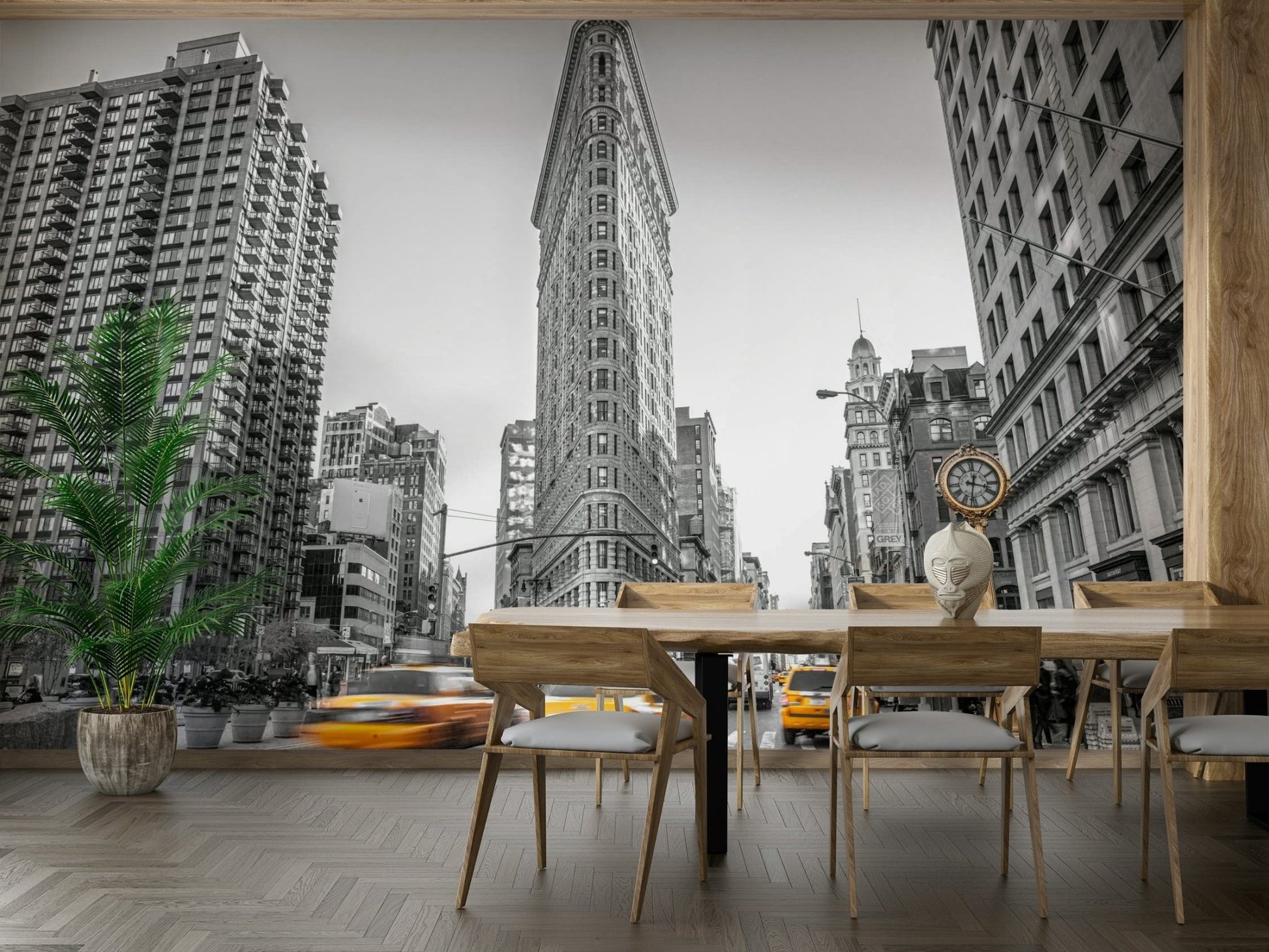 Streetlights and pedestrian activity visible.

