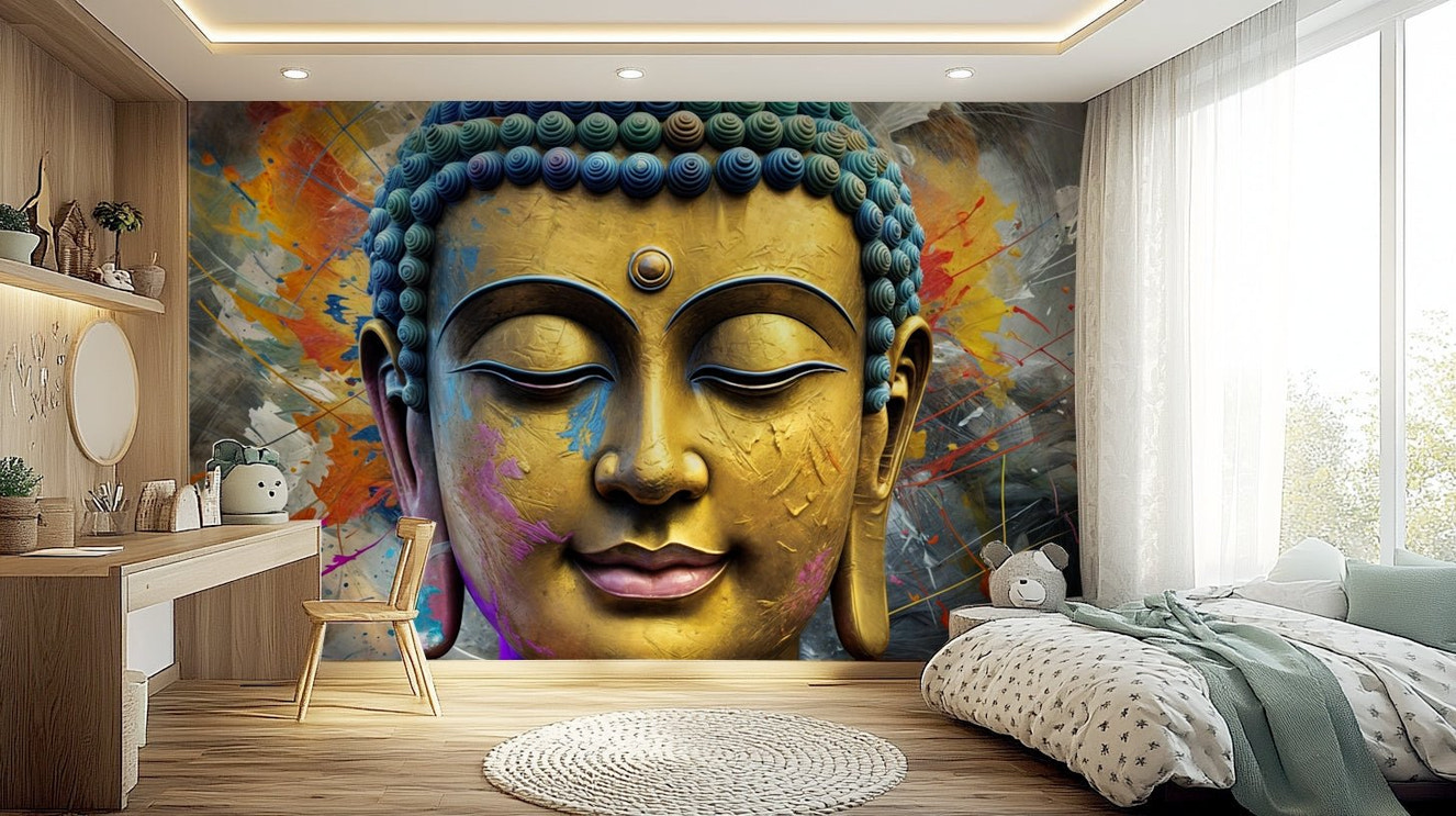 A wall mural of an abstract pattern with golden accents.

