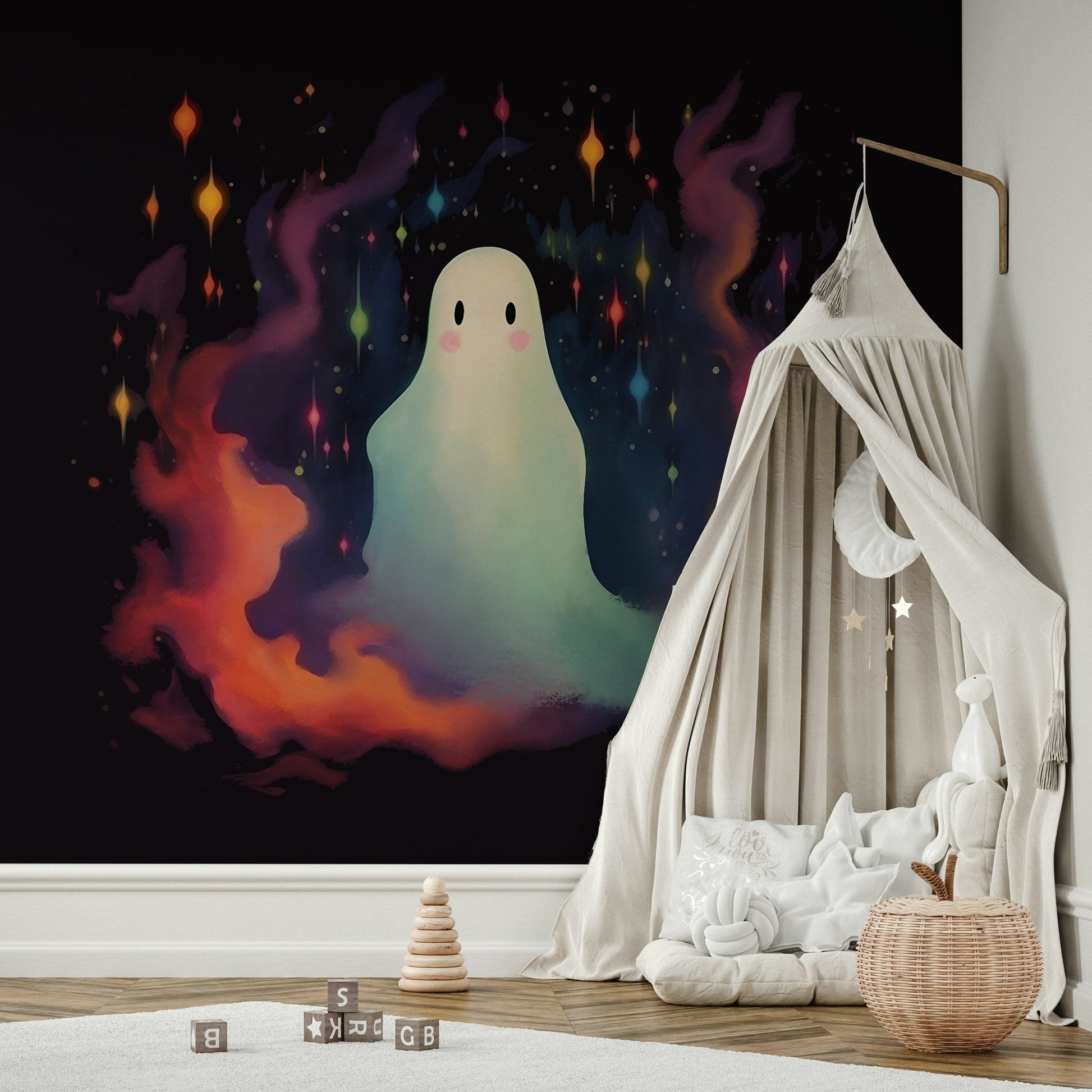 The colors are soft and gentle, with pale blues, yellows, and whites.

