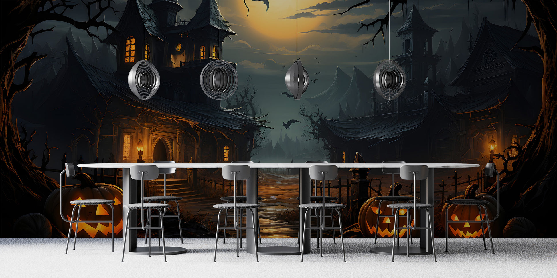Peel and stick spooky wallpaper in a modern dining room with dark furniture to set an eerie mood for guests.