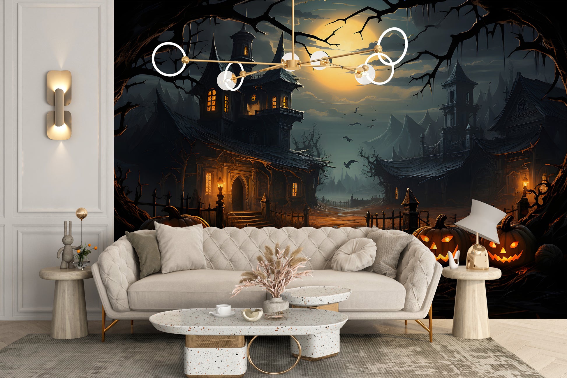Removable haunted house mural behind a cream sofa in a living room for a damage-free, festive Halloween update.
