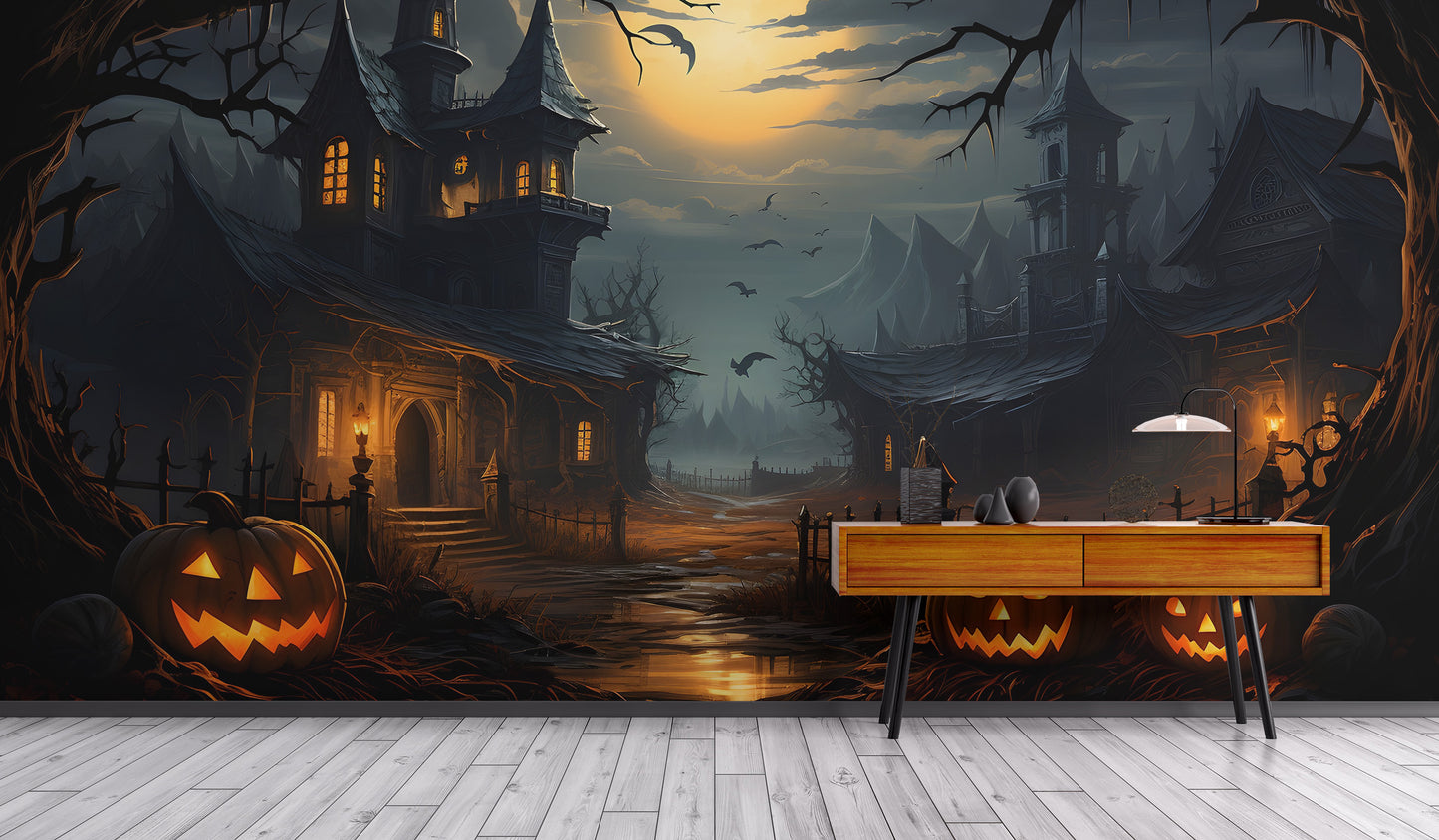 Halloween themed wallpaper mural in a home office with a wooden desk, adding a creative touch to the workspace.