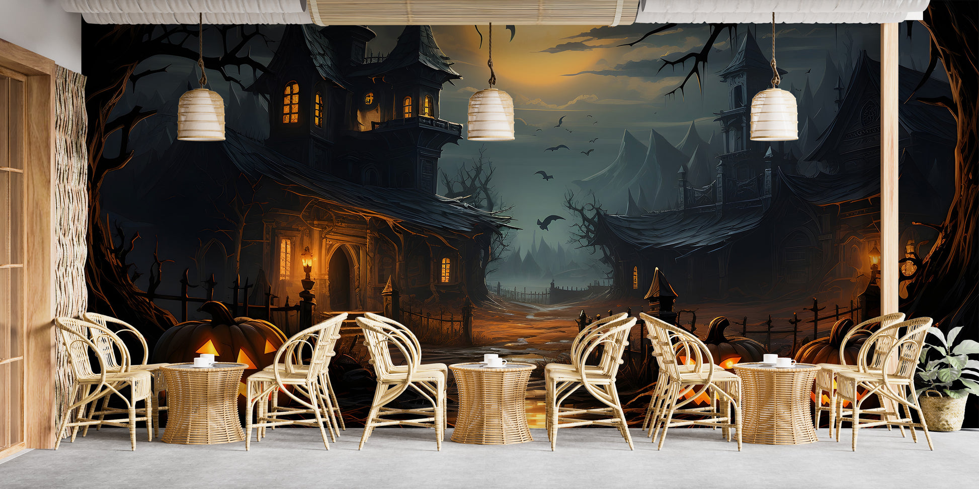 Dark haunted house mural on premium canvas in a large dining space for a high-end, spooky gathering atmosphere.
