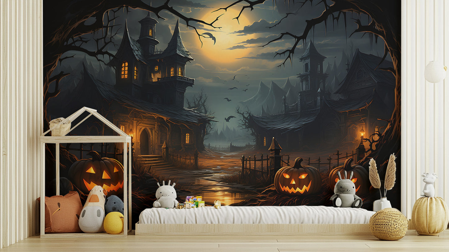 Spooky Halloween wallpaper mural in a playroom with a house shelf and pumpkins, creating a fun haunted house vibe.