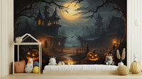 Spooky Halloween wallpaper mural in a playroom with a house shelf and pumpkins, creating a fun haunted house vibe.