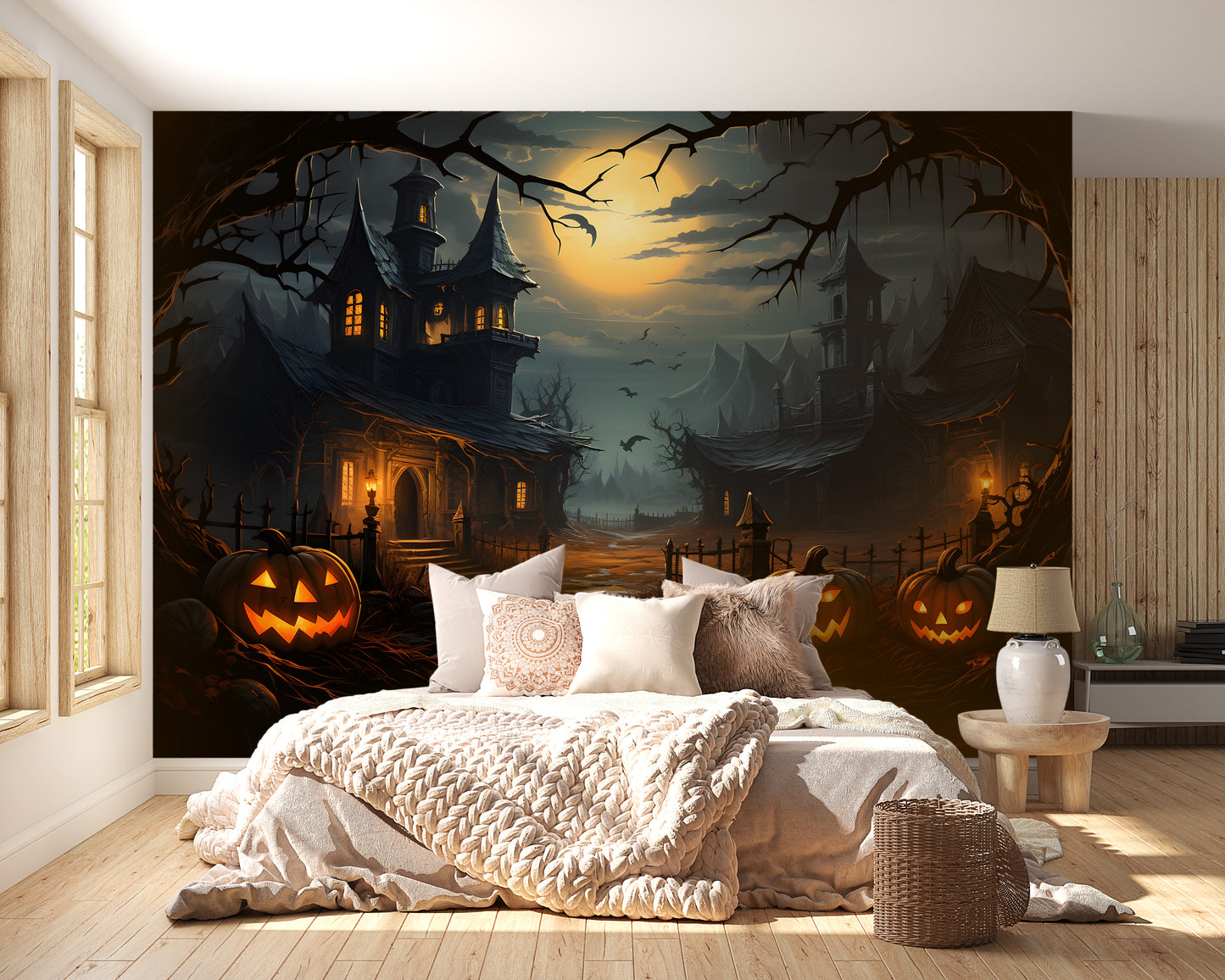 Haunted house wall mural in a bedroom using peel and stick material for an eerie and temporary seasonal transformation.