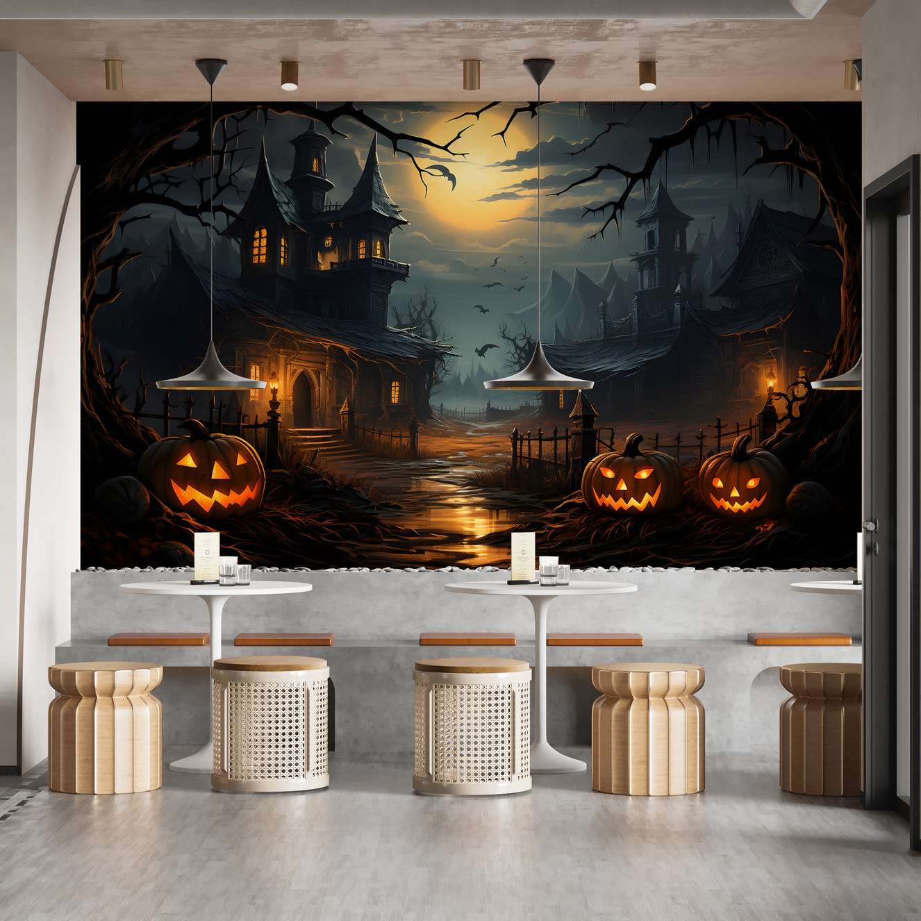 Spooky haunted house wallpaper mural design.

