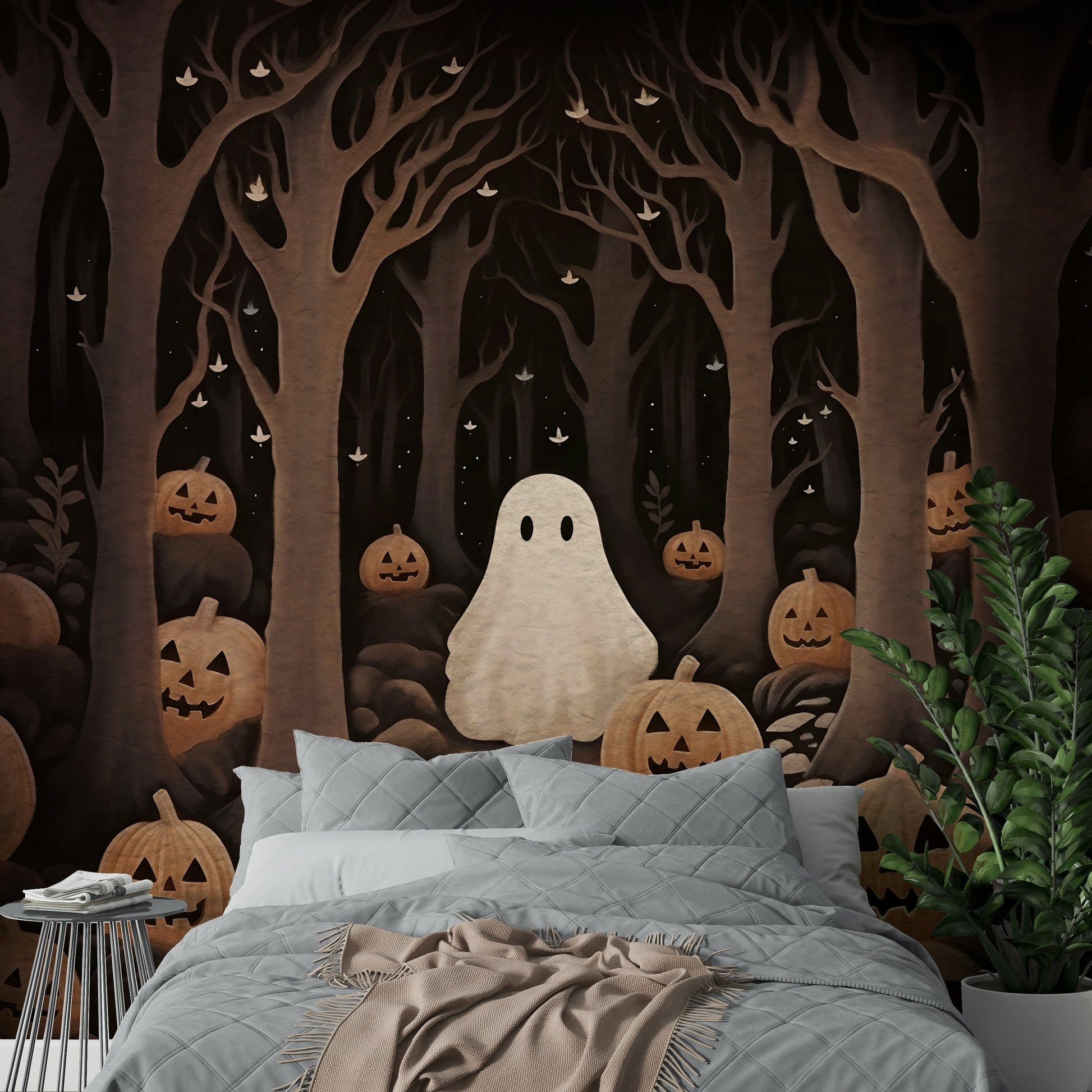 The design features a friendly ghost in a field of pumpkins wall mural.

