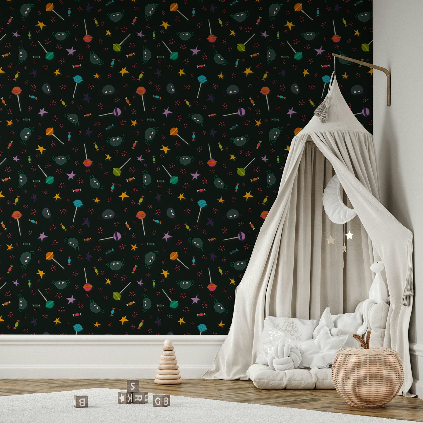 The design includes various festive motifs like planets, stars, and candy.
