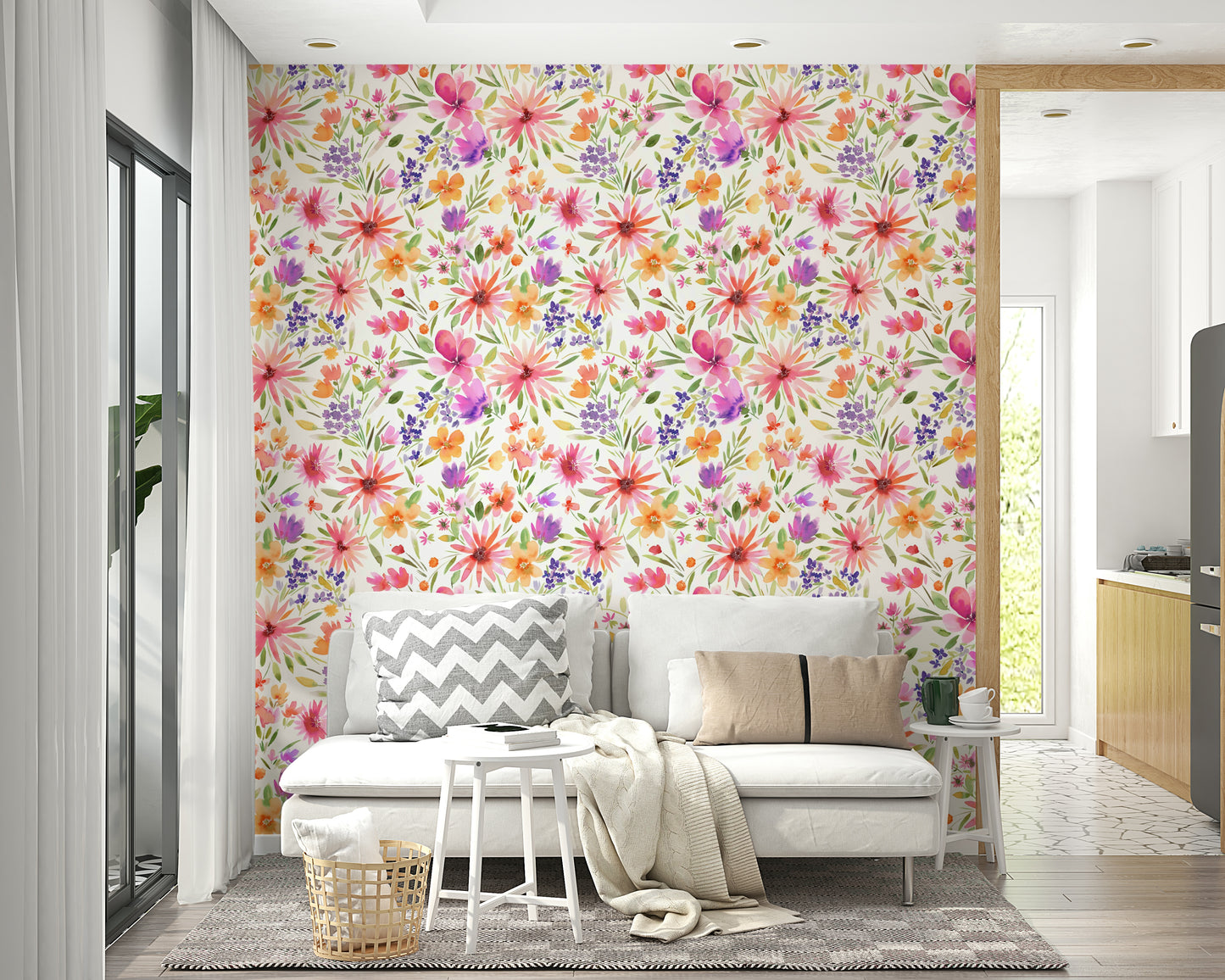 Enchanting nature mural with blooming dahlias and winding vines.

