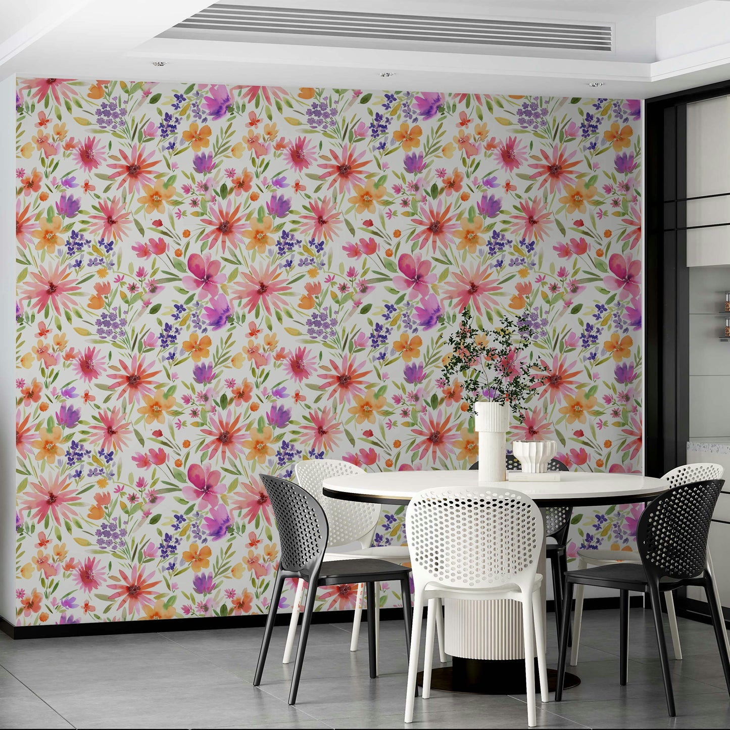 Spring-inspired wallpaper with dahlia flowers, greenery, and whimsical charm.


