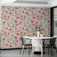 Spring-inspired wallpaper with dahlia flowers, greenery, and whimsical charm.

