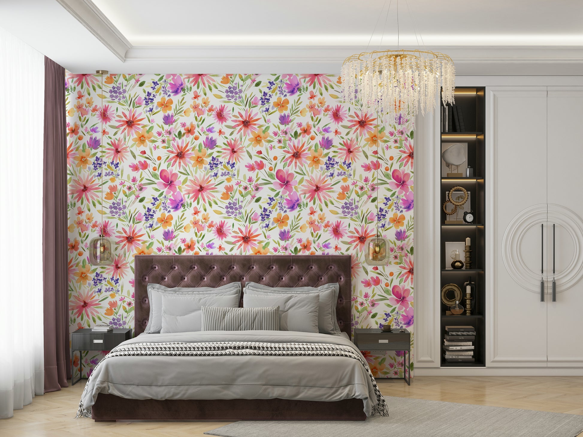 Nature-inspired mural with blooming dahlias and delicate swirling vines.

