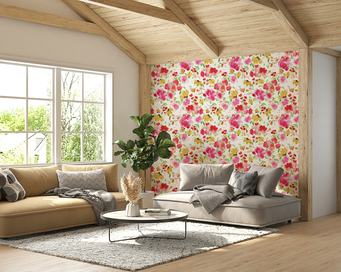 Spring-themed wallpaper with blooming flowers in soft pastel hues.

