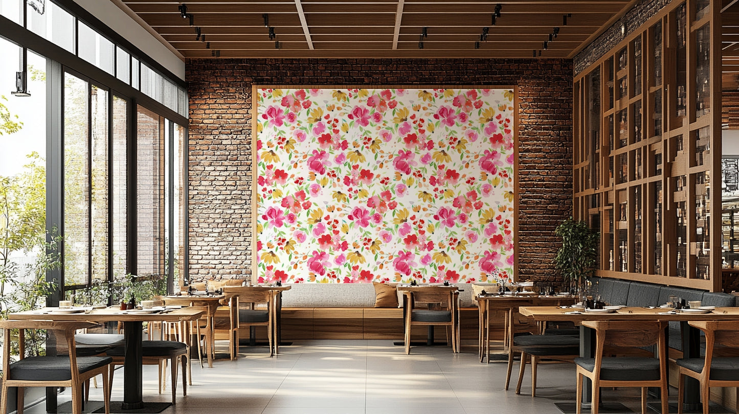 Wallpaper with soft pink and yellow flowers and delicate green leaves.


