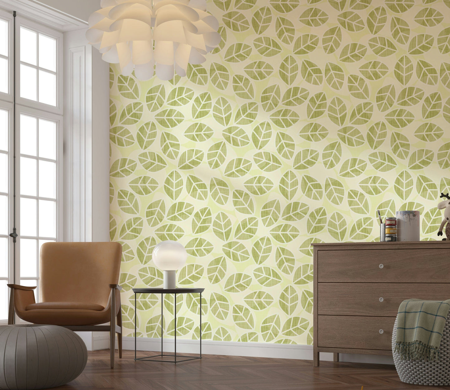 Playful Spring Foliage Wallpaper – Lighthearted mural of green leaves in a dynamic, whimsical arrangement.