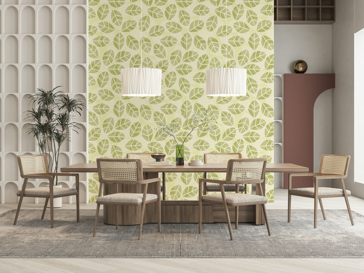 Leaves in Spring Green Wallpaper – Bright and airy wall design featuring scattered fresh green leaves.
