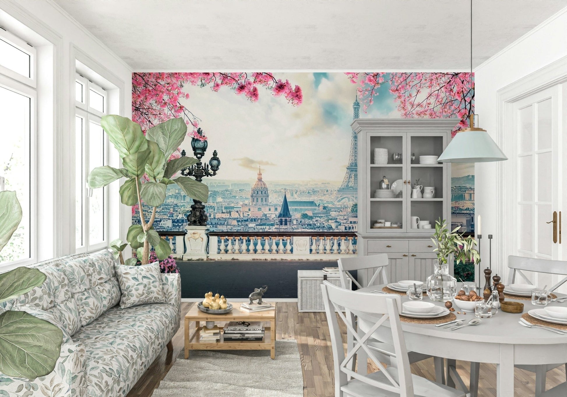 Floral wallpaper mural featuring pink Spring in Paris blooms.