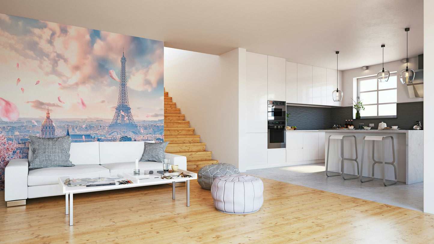 Paris in bloom with skyline and petals

