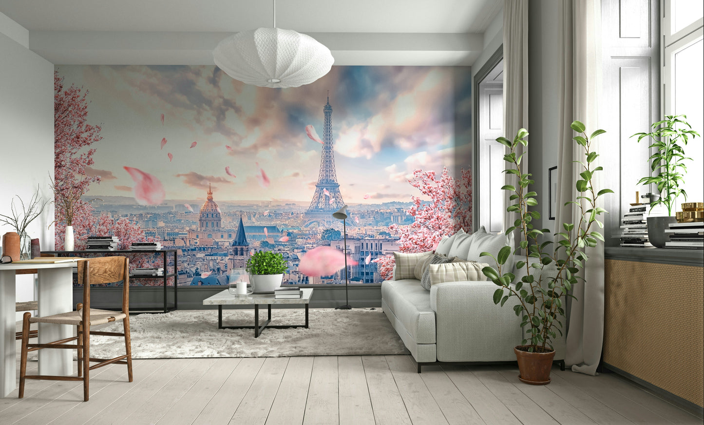 Pink petals drifting over downtown Paris

