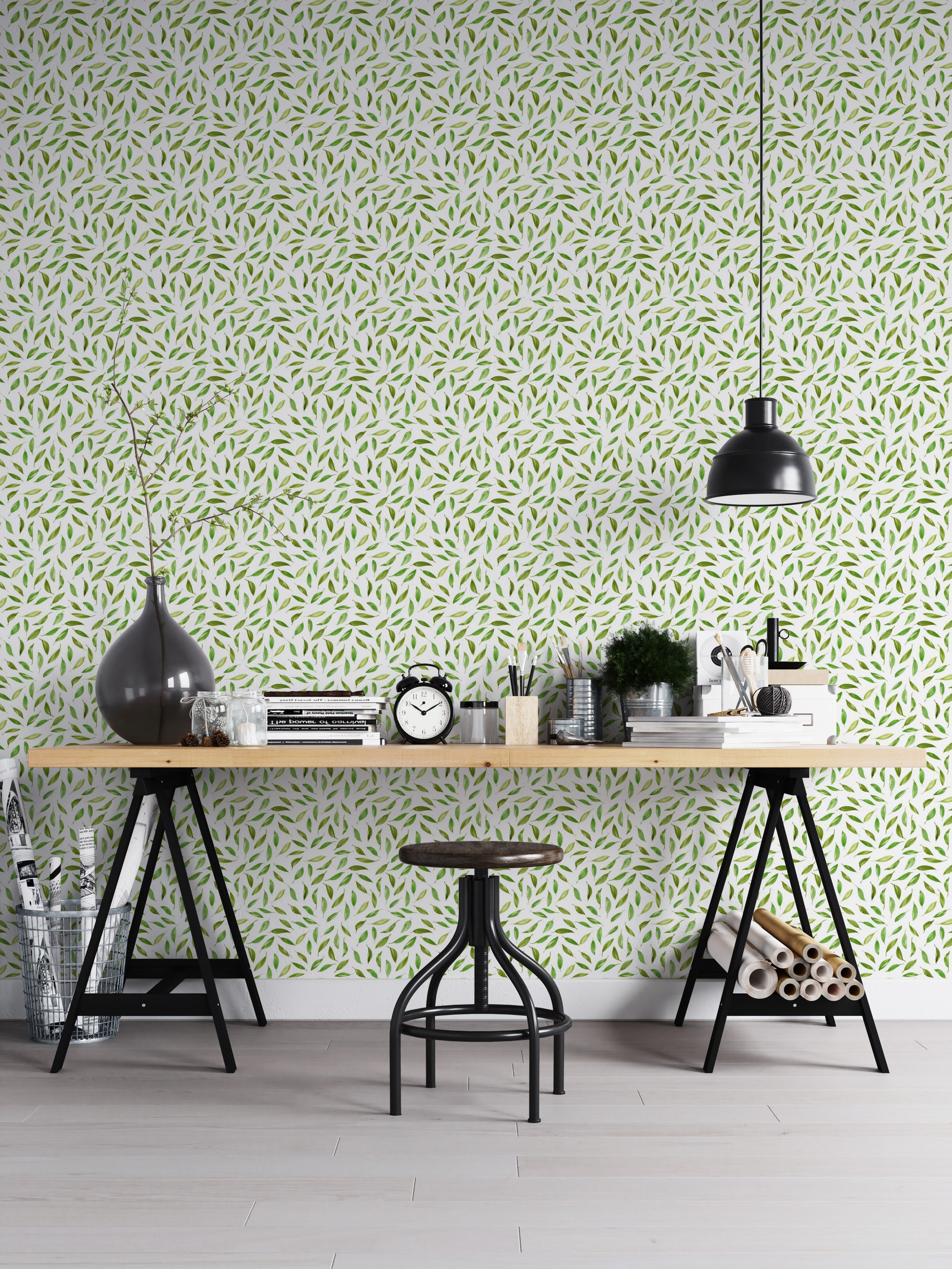 Floral-inspired wallpaper with scattered greenery

