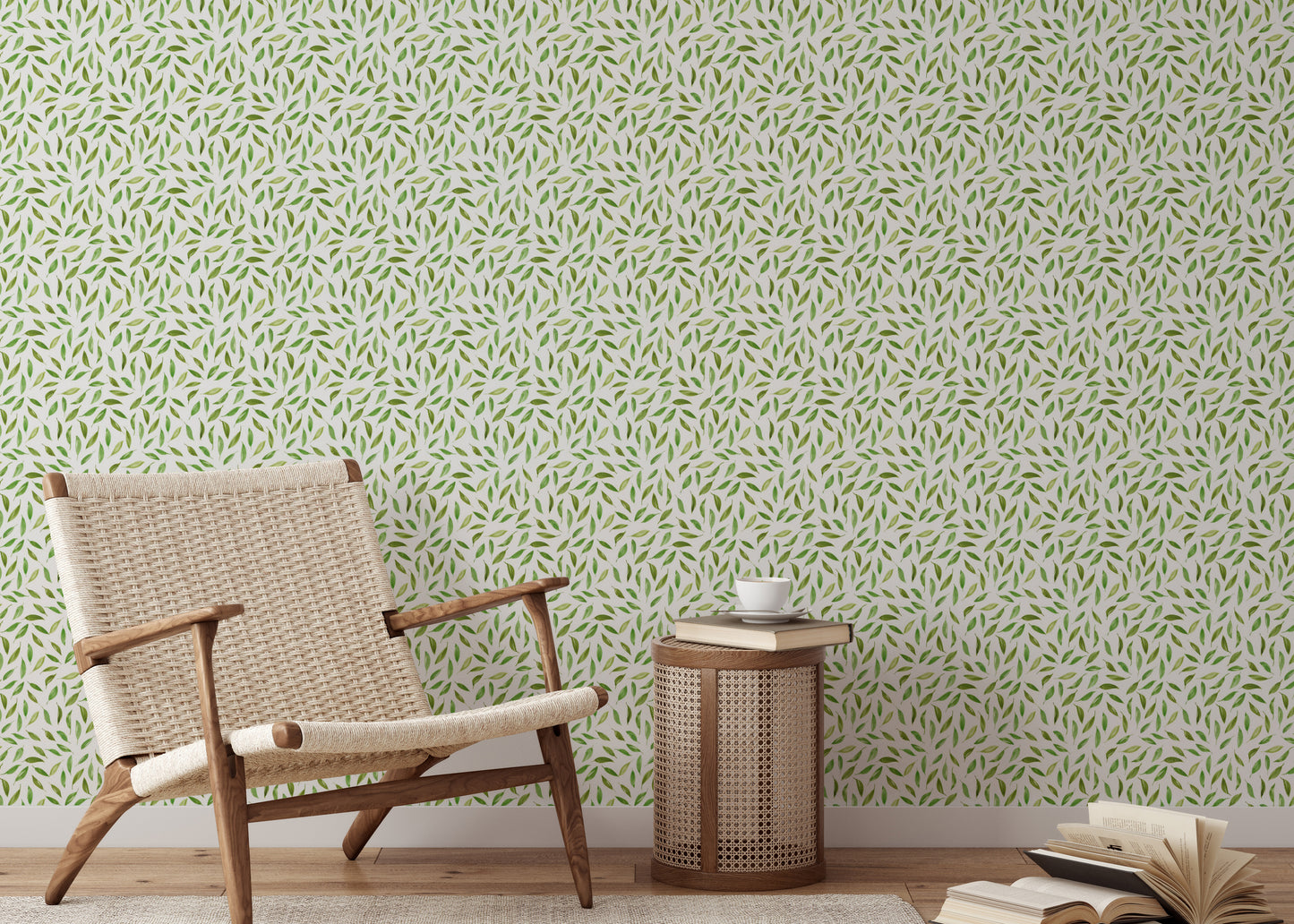 Nature-inspired wallpaper with scattered fresh leaves

