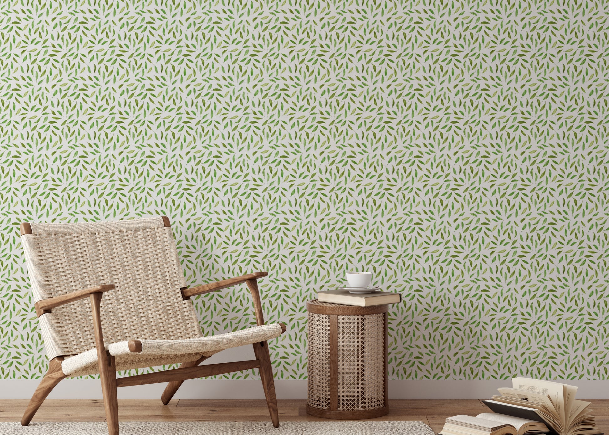 Nature-inspired wallpaper with scattered fresh leaves

