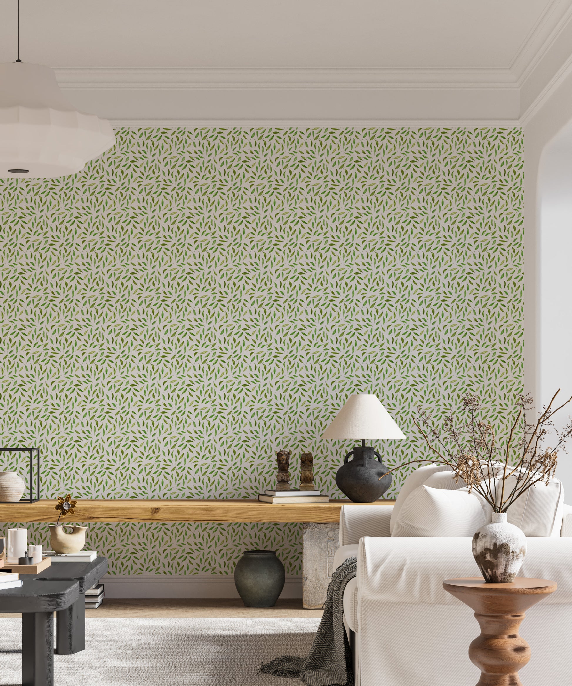 Peel and stick wallpaper with soft spring leaf design

