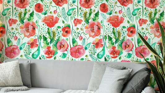 Watercolor mural featuring spring poppies and soft botanical details.

