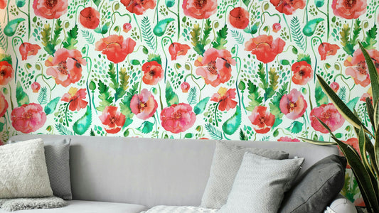 Watercolor mural featuring spring poppies and soft botanical details.

