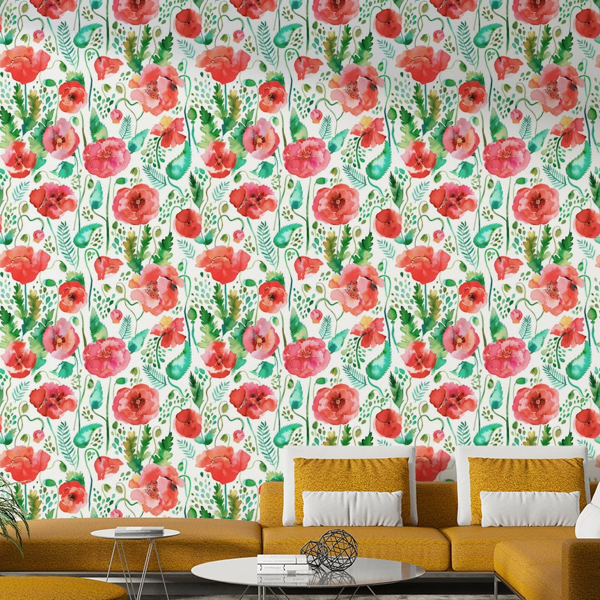 Spring Poppies Nature Watercolor Plants Wallpaper with vibrant red poppies and green foliage.

