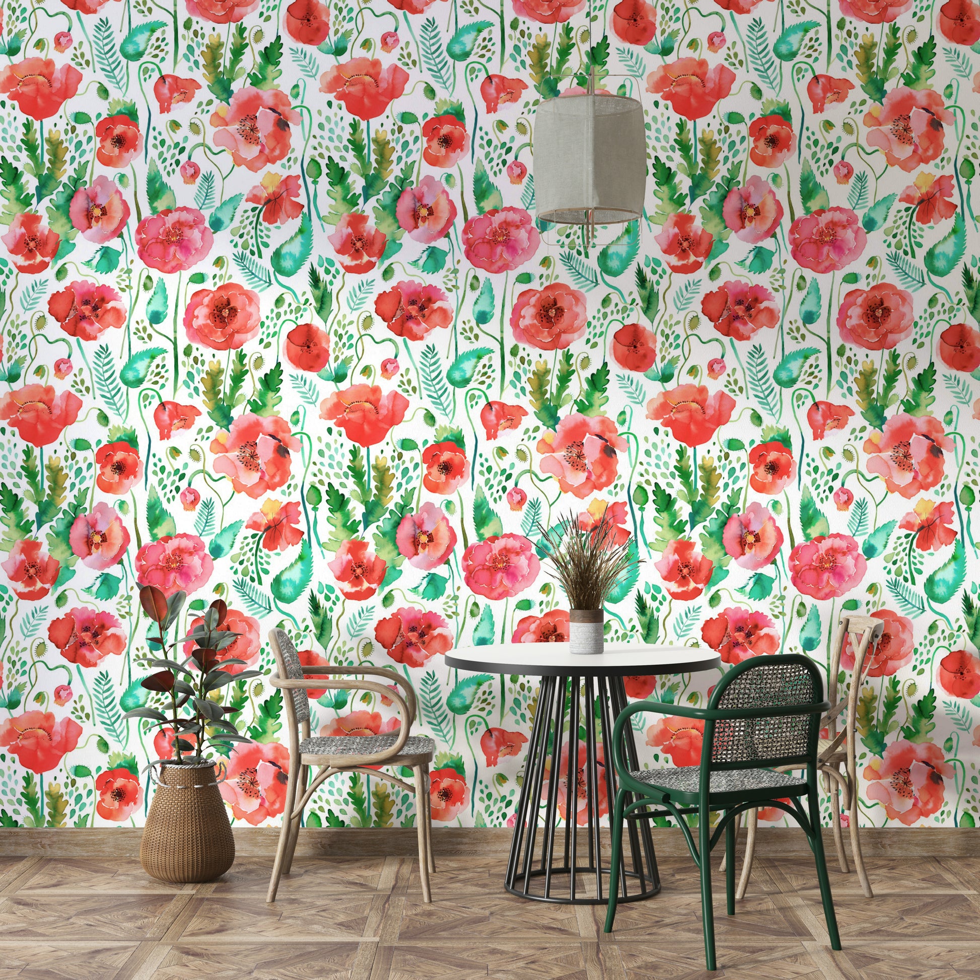 Delicate watercolor wallpaper with blooming poppies and leaves.

