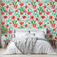 Floral watercolor wallpaper with red poppies and gentle green stems.

