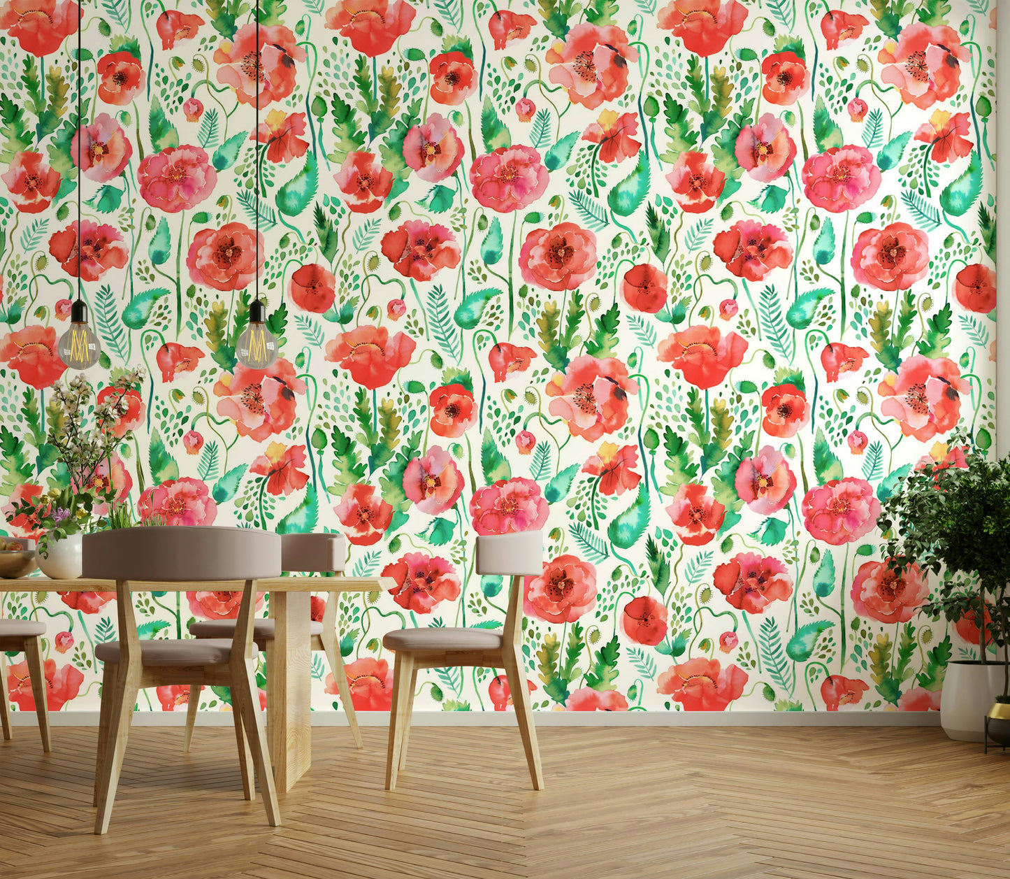 Wallpaper with delicate watercolor poppies and nature-inspired plants.

