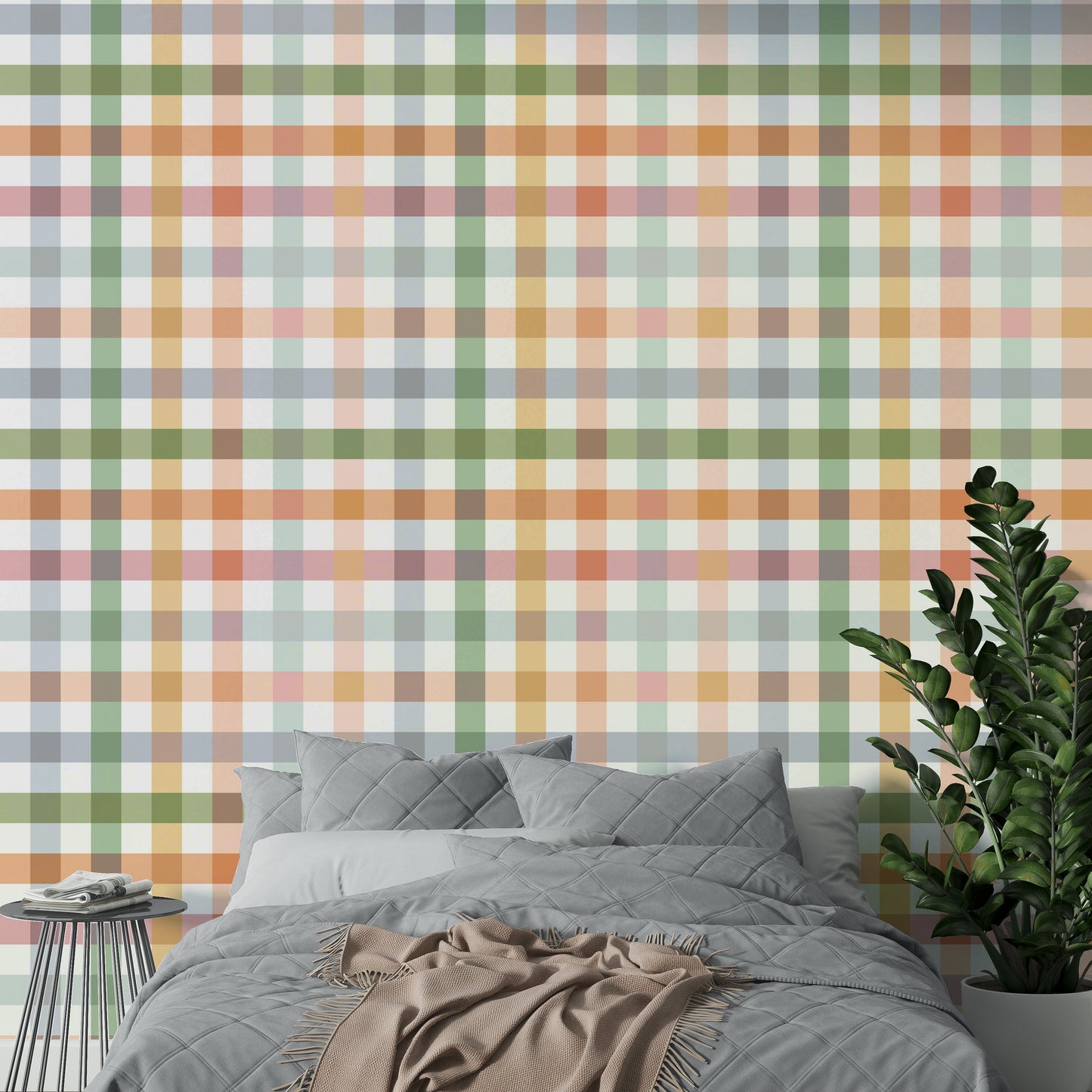 Elegant countryside wallpaper with a gingham design in soft hues.


