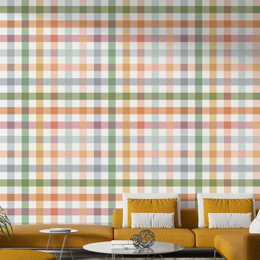 Spring-inspired wallpaper with soft pastel colors and a geometric gingham pattern.

