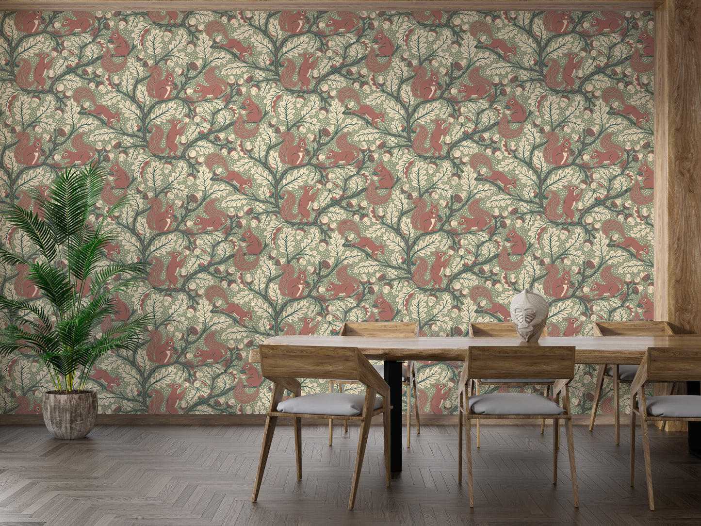 Green forest wallpaper with playful squirrel motifs

