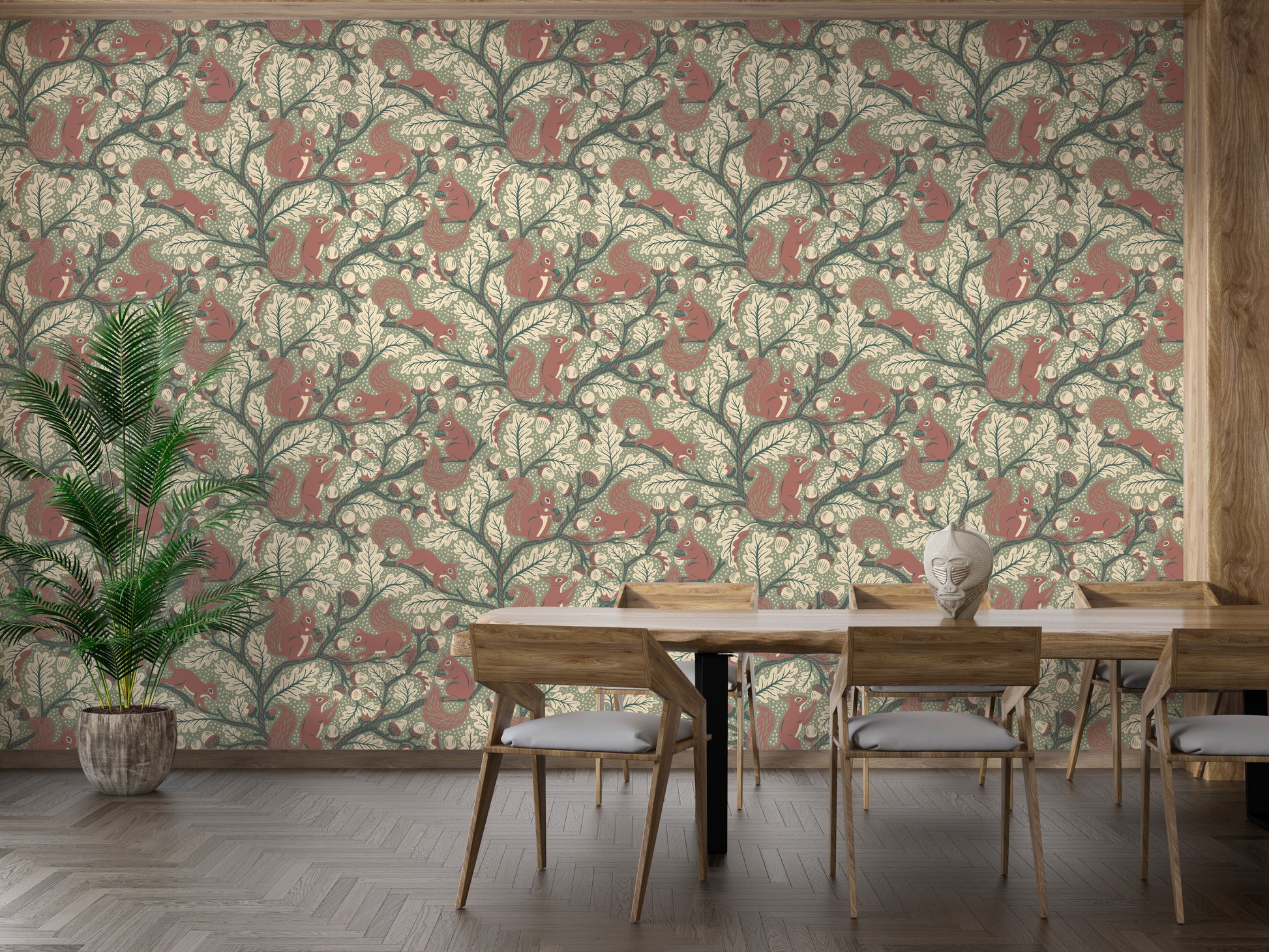 Green forest wallpaper with playful squirrel motifs

