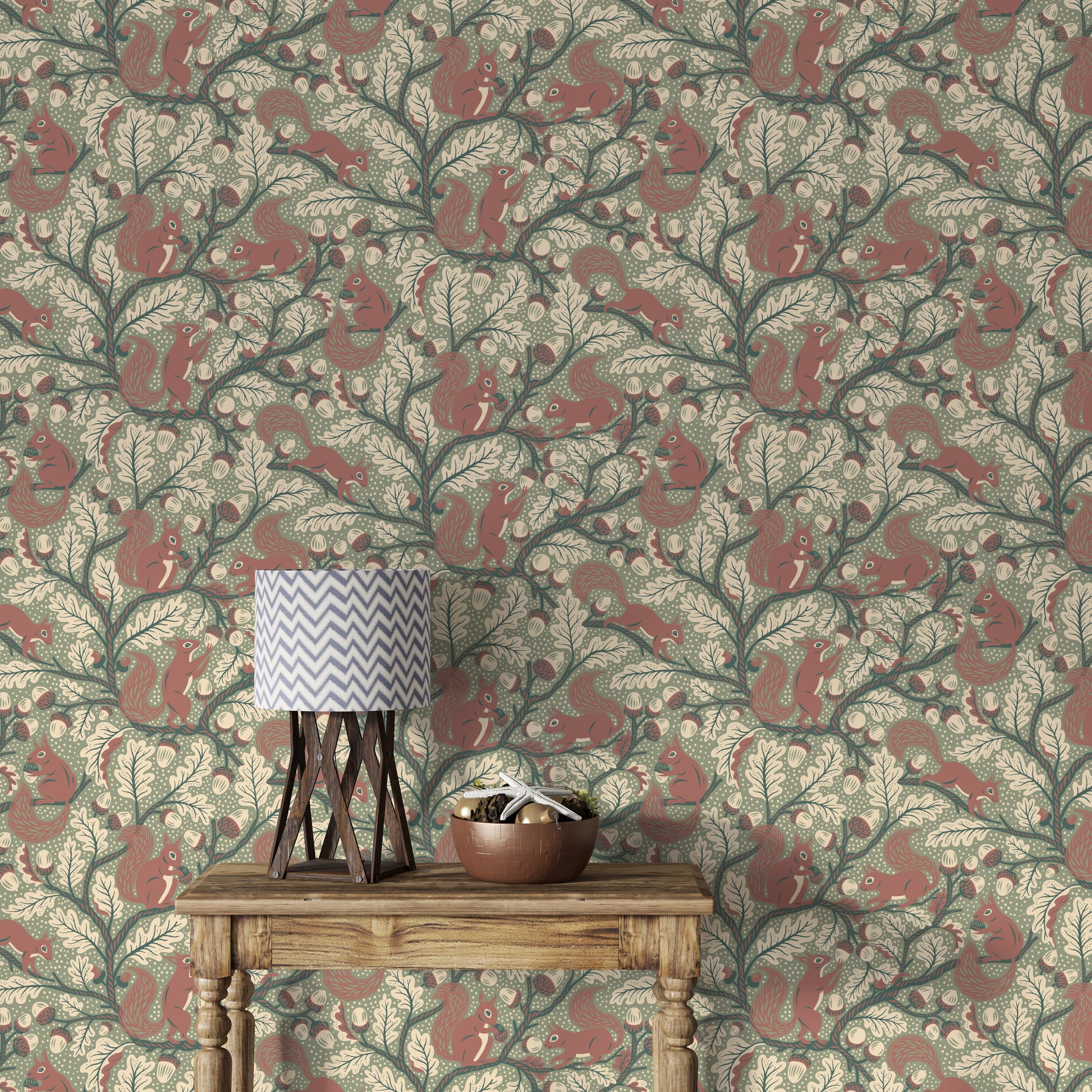 Cute squirrel design on oak tree green background

