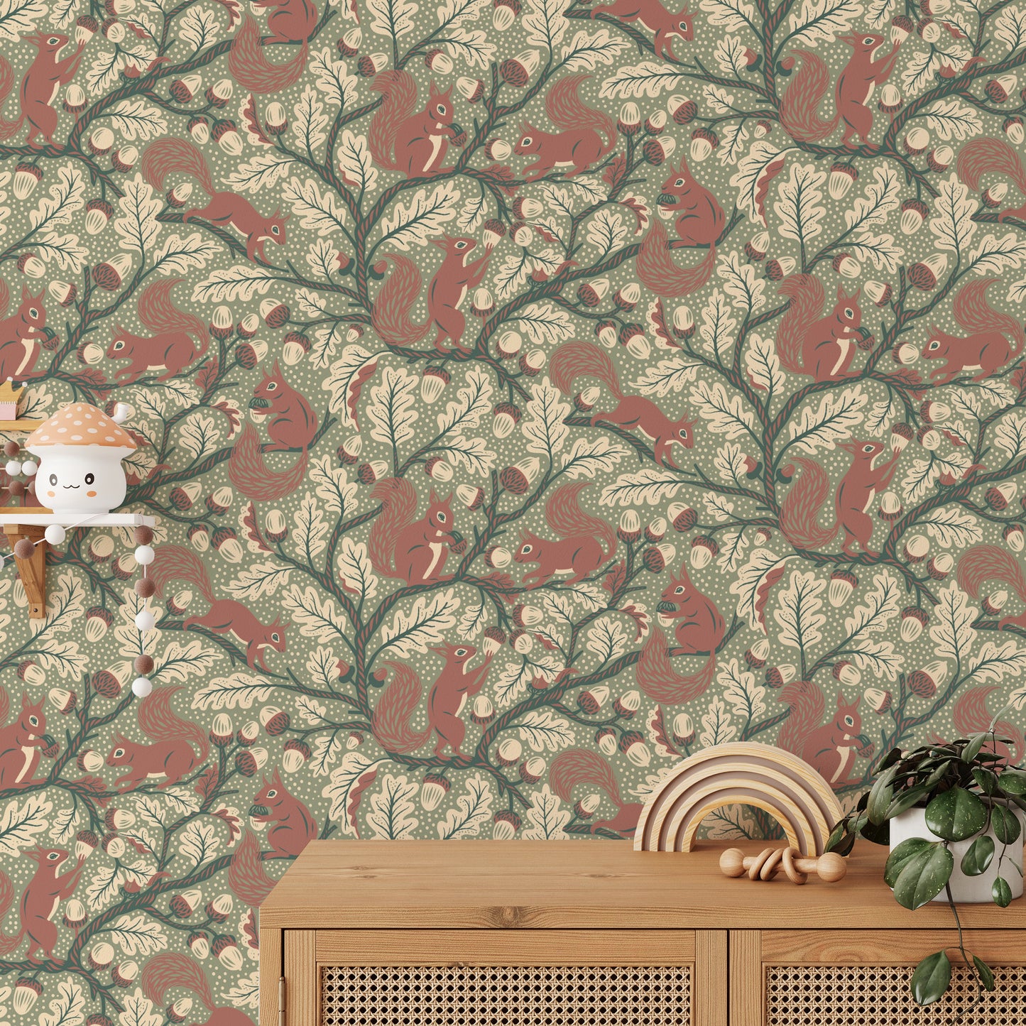 Oak tree branches with squirrels on green wallpaper

