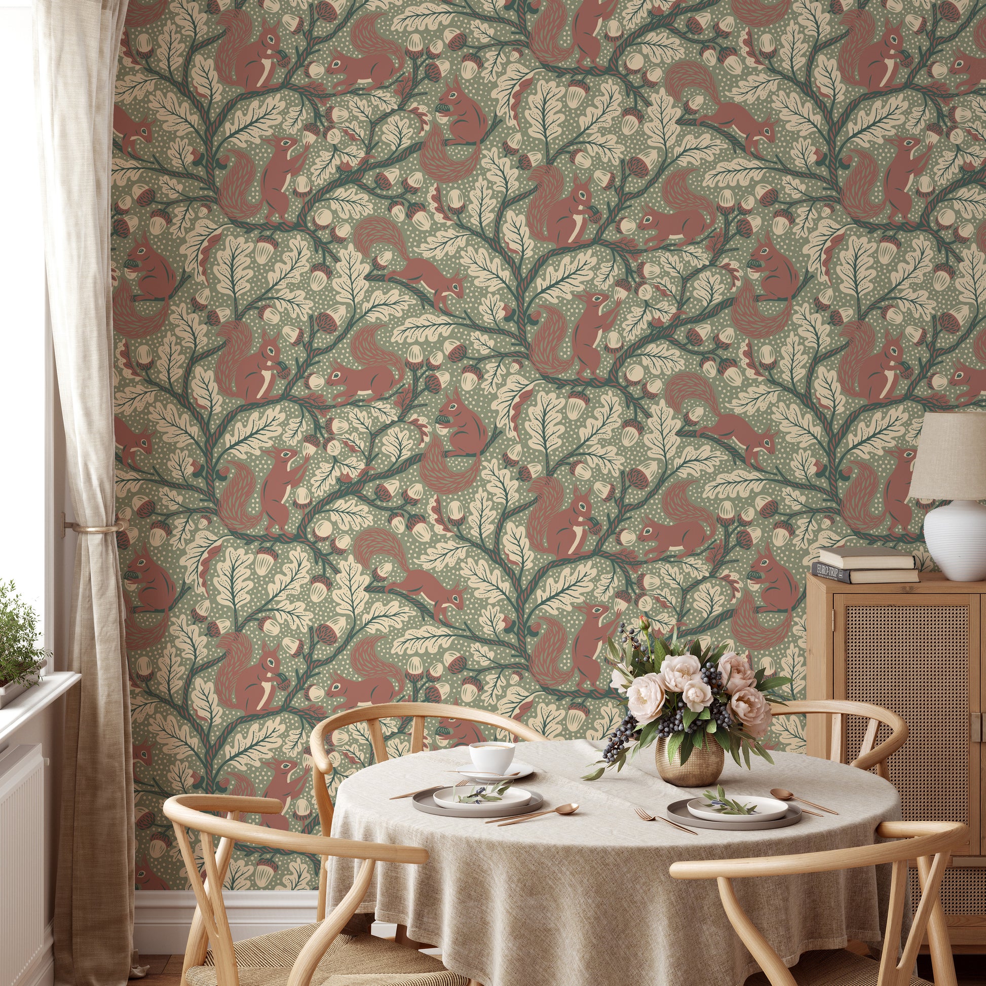 Forest-themed wallpaper with squirrels in trees

