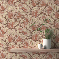 Cozy living room wallpaper with oak and squirrels

