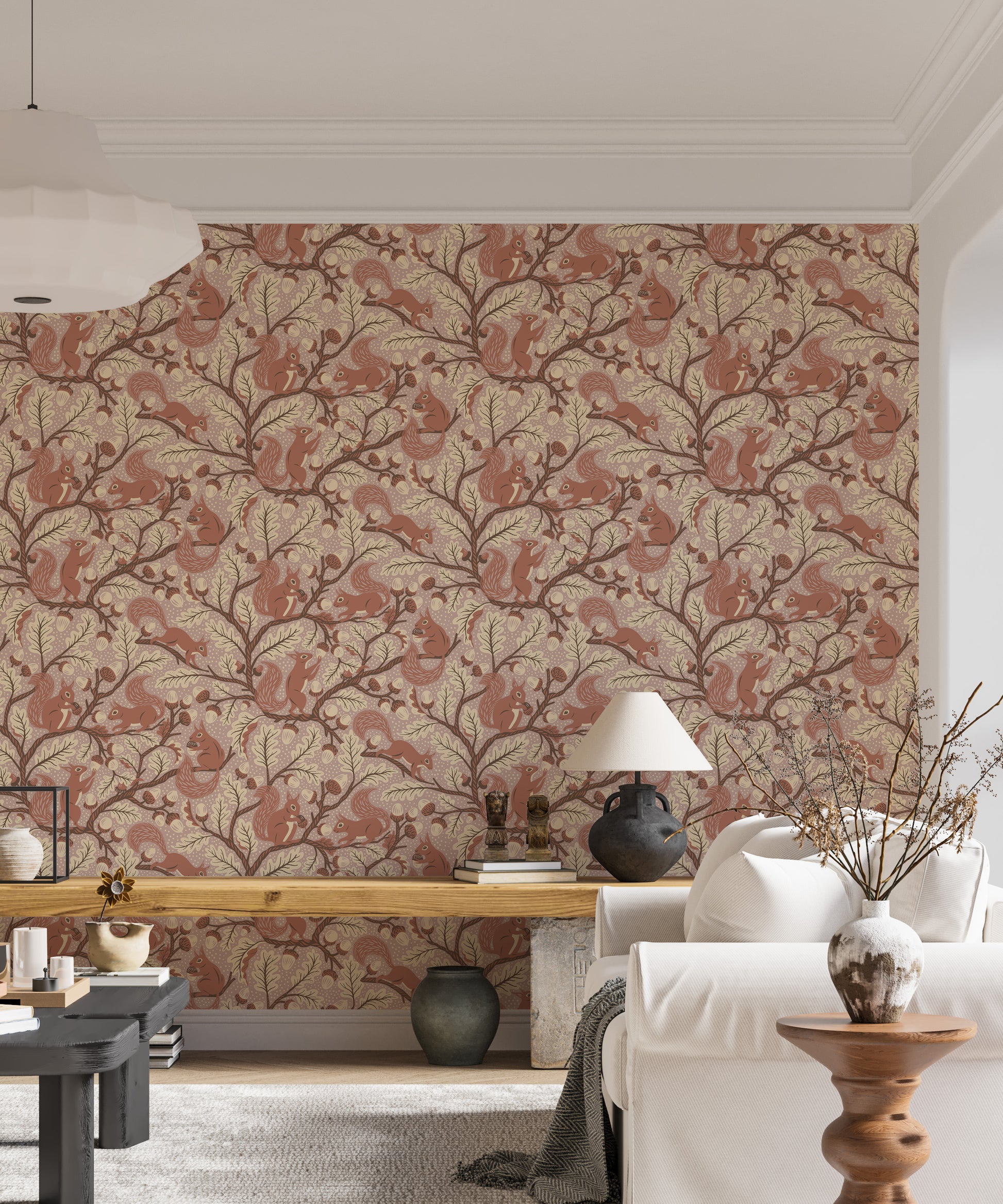 Forest animals wallpaper with detailed oak trees

