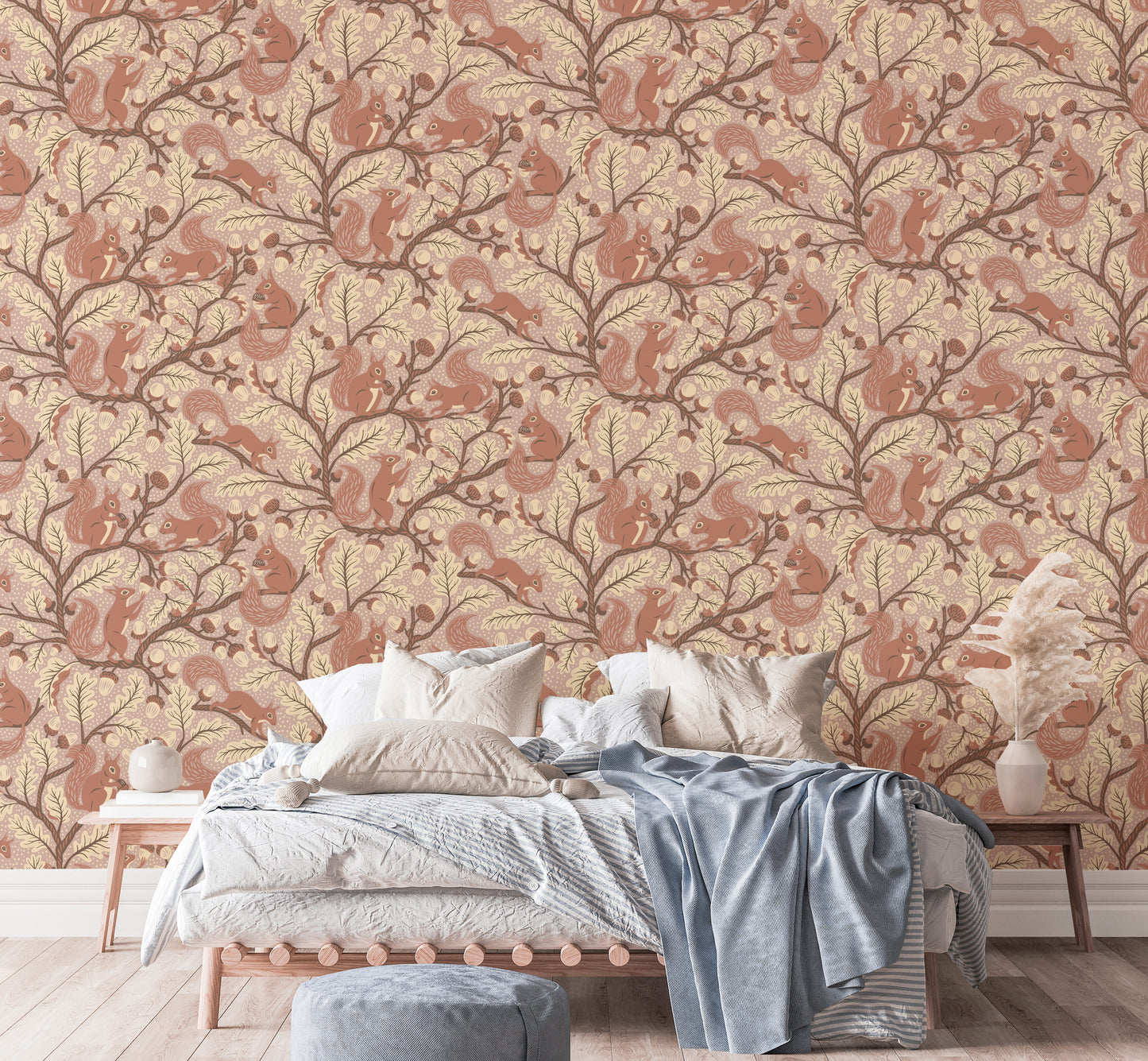 Cute squirrels in a natural oak forest wallpaper

