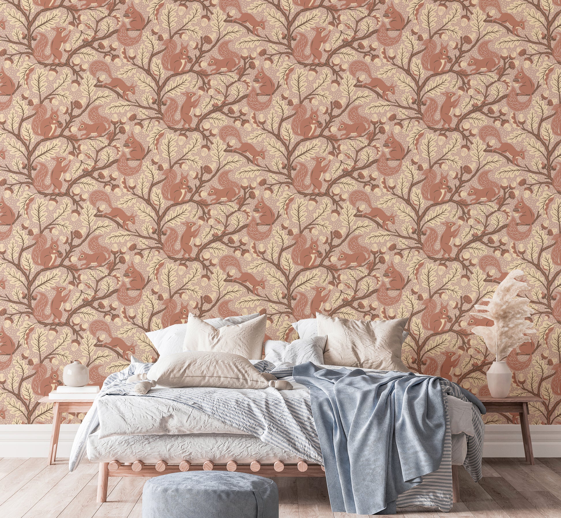 Cute squirrels in a natural oak forest wallpaper

