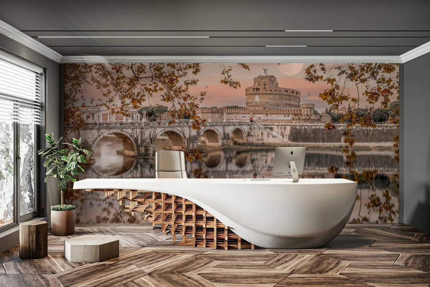The mural gives a feeling of being in a classic European city.

